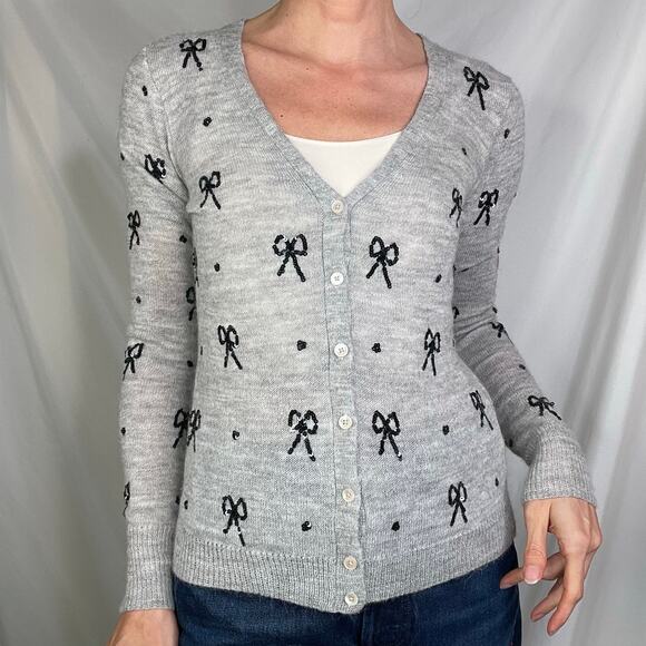 J. Crew sequin bow cardigan sweater Italian-spun alpaca merino wool blend grey S - Picture 9 of 13